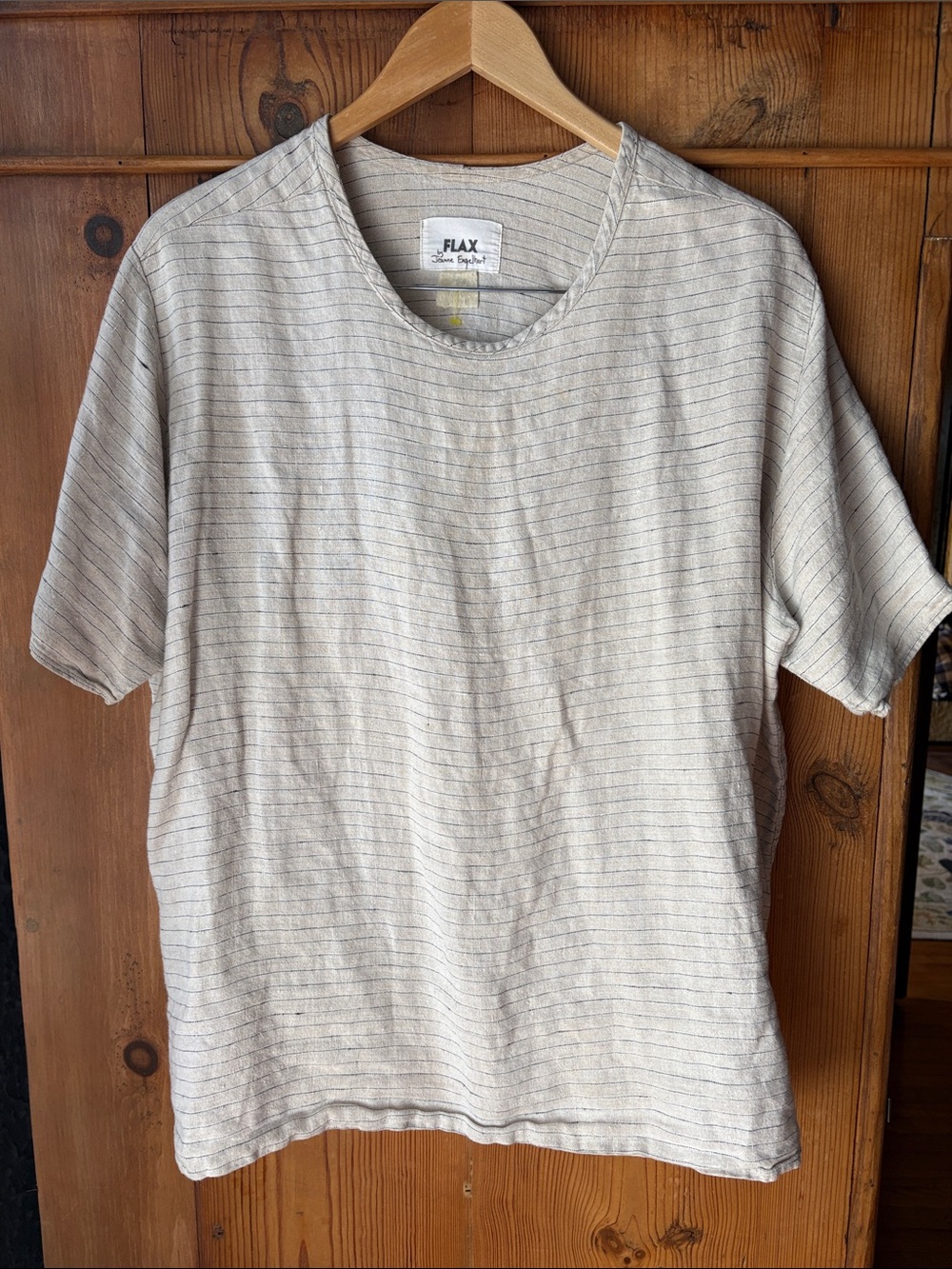 FLAX linen Cream-and-Gray Thin-Striped Linen Short Sleeve Shirt